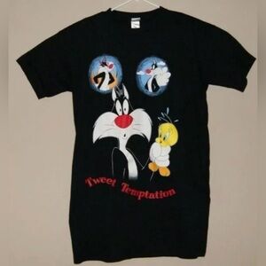 Vintage 1998 Looney Tunes Mens One Size (2XLT) Black Sylvester Tweety Bird Shirt